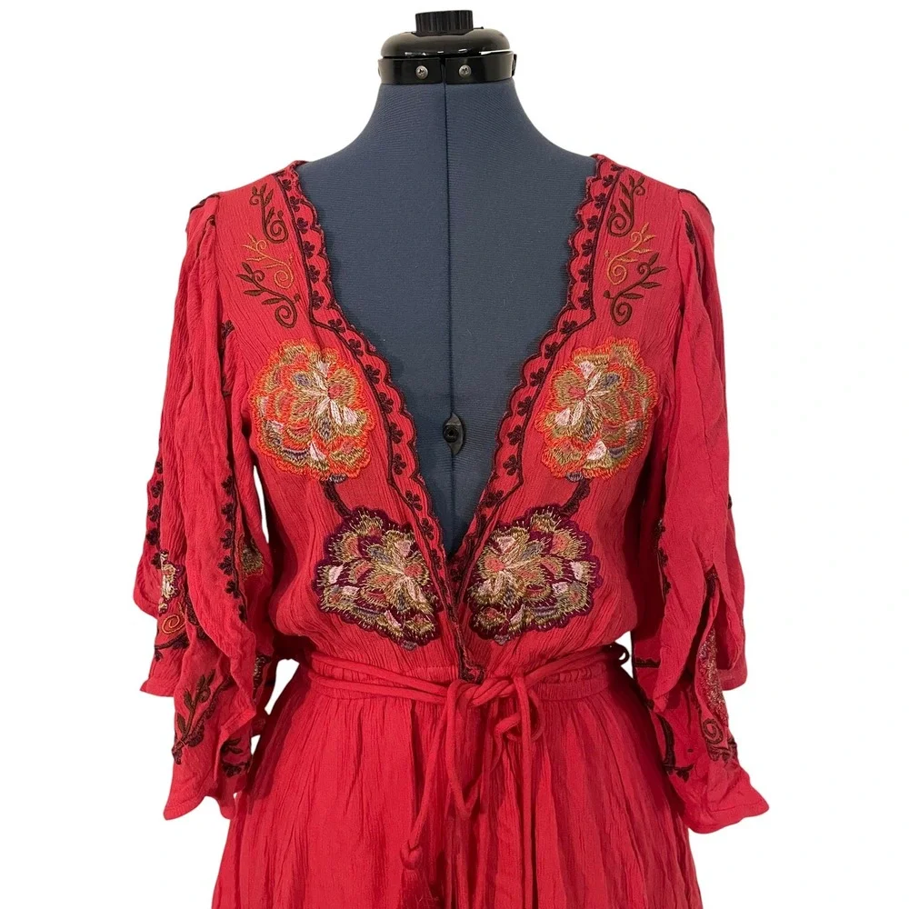 Free People Red Cora Dress Embroidered Split Sleeve Mini Fairy Festival Boho‎ XS